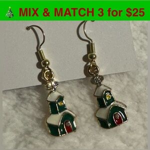 CE05 - Snowy Church Christmas Earrings, Gold-tone, Green, Red, White Painted